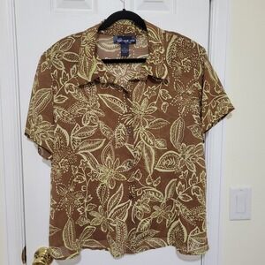 Susan Graver Style Brown Green Tropical Floral Button Up Blouse Plus Size 2X